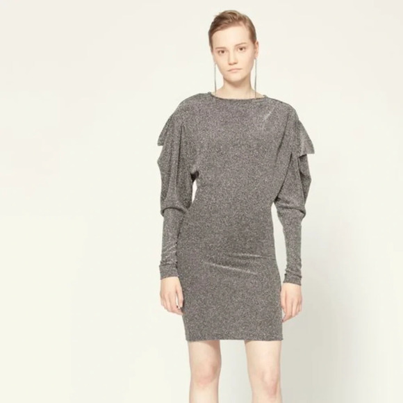 Isabel Marant Waden Stretch Metallic Silver Mini Dress Size 36/US 6 - Picture 2 of 9